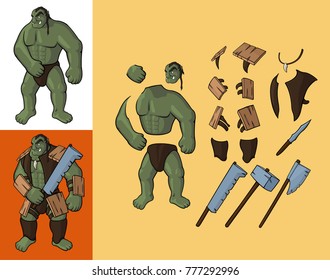 Set of orcs v1. Strong orc and equipment: Vector cartoon orc body parts with armour and weapon	