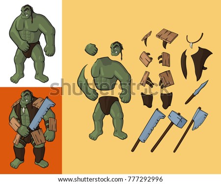 Set of orcs v1. Strong orc and equipment: Vector cartoon orc body parts with armour and weapon	