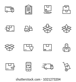 Set order and courier delivery goods vector icons. Vector line icons transport delivery and logistics, courier service, warehouse storage