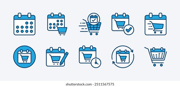 Set of order date icon. Fast delivery, shipment or shipping schedule. Containing calendar, shopping cart, time, repeat arrow, checkmark. Vector illustration