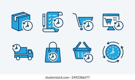 Set of order history icon. Containing package, checklist, cart, online shop, delivery or shipping, shopping bag, basket, time, purchase, checkout, buy, list, and payment. Vector illustration