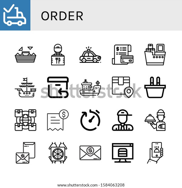 Set of order
icons. Such as Delivered, Nachos, Delivery guy, Police car,
Invoice, Shipping, Ship, Return, Logistics, Shopping basket,
Delivery time, Postman, Waiter , order
icons
