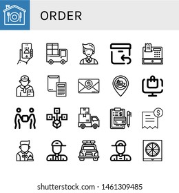 Set of order icons such as Home delivery, Online order, Delivery, Waiter, Return, Register, Deliveryman, Invoice, Ship, Distributed, Postman, Police car, Delivery boy , order