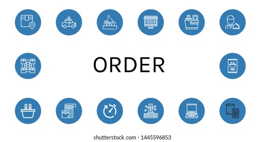 Set of order icons such as Logistics, Police car, Ship, Online order, Shipping, Waiter, Shopping basket, Packing list, Delivery time, Bonus, Pizza box, Invoice, Nachos , order