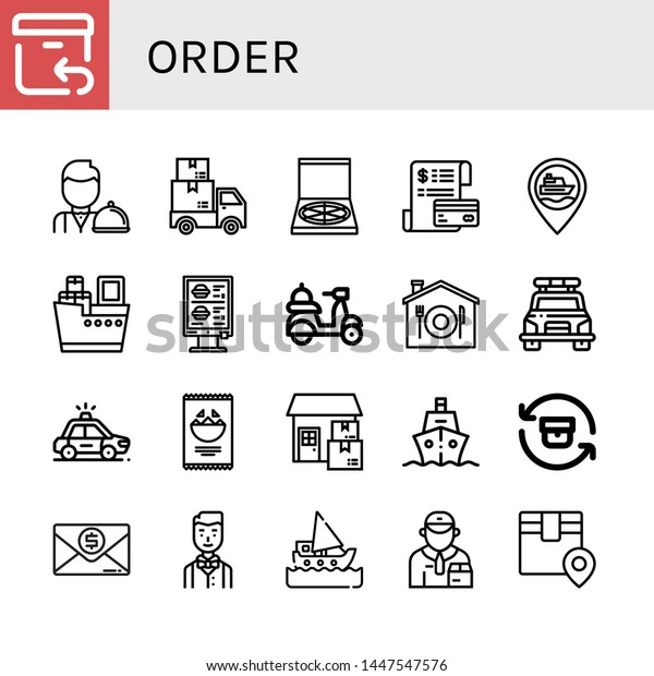 Set of order icons such as\
Return, Waiter, Delivery, Pizza box, Invoice, Ship, Shipping,\
Order, Home delivery, Police car, Nachos, Deliveryman, Logistics ,\
order