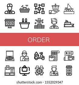Set of order icons. Such as Waiter, Online order, Nachos, Shopping basket, Distributed, Bonus, Ship, Pizza box, Register, Postman, Delivery, Pizza deliver, Packing list , order icons
