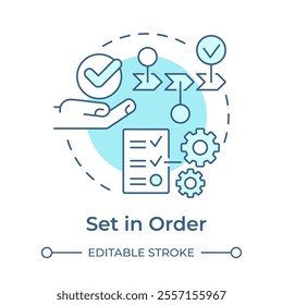 Set in order light blue concept icon. 5S methodology. Arrange items. Efficient workflow. Organization. Round shape line illustration. Abstract idea. Graphic design. Easy to use in article