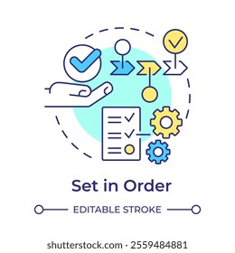 Set in order multi color concept icon. 5S methodology. Arrange items. Efficient workflow. Organization. Round shape line illustration. Abstract idea. Graphic design. Easy to use in article