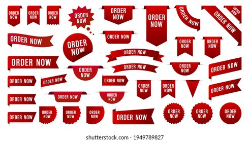 Set of Order Now badges. Sale quality tags and labels. Template banner shopping badges. Special offer, buy now, sale, discount, shop, black friday. Vector illustration.