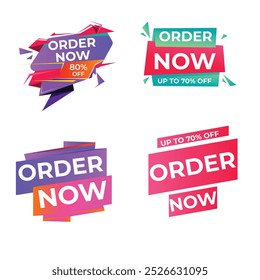 Set of Order Now badges. Sale quality tags and labels. Template banner shopping badges. Special offer, buy now, sale, discount, shop, black friday. Vector illustration.