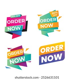 Set of Order Now badges. Sale quality tags and labels. Template banner shopping badges. Special offer, buy now, sale, discount, shop, black friday. Vector illustration.