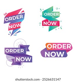 Set of Order Now badges. Sale quality tags and labels. Template banner shopping badges. Special offer, buy now, sale, discount, shop, black friday. Vector illustration.