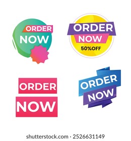 Set of Order Now badges. Sale quality tags and labels. Template banner shopping badges. Special offer, buy now, sale, discount, shop, black friday. Vector illustration.