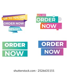 Set of Order Now badges. Sale quality tags and labels. Template banner shopping badges. Special offer, buy now, sale, discount, shop, black friday. Vector illustration.