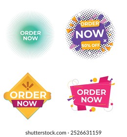 Set of Order Now badges. Sale quality tags and labels. Template banner shopping badges. Special offer, buy now, sale, discount, shop, black friday. Vector illustration.