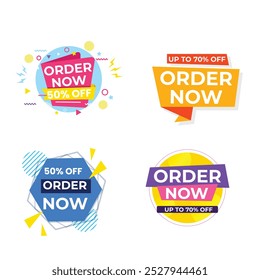 Set of Order Now badges. Sale quality tags and labels. Template banner shopping badges. Special offer, buy now, sale, discount, shop, black friday. Vector illustration.