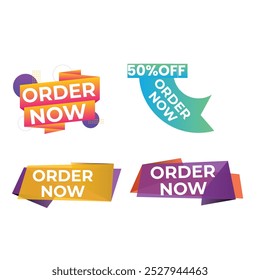 Set of Order Now badges. Sale quality tags and labels. Template banner shopping badges. Special offer, buy now, sale, discount, shop, black friday. Vector illustration.