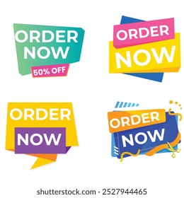 Set of Order Now badges. Sale quality tags and labels. Template banner shopping badges. Special offer, buy now, sale, discount, shop, black friday. Vector illustration.