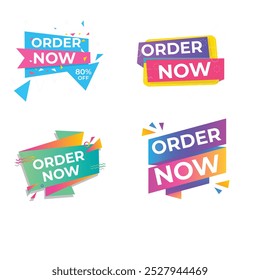 Set of Order Now badges. Sale quality tags and labels. Template banner shopping badges. Special offer, buy now, sale, discount, shop, black friday. Vector illustration.