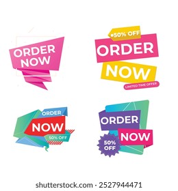 Set of Order Now badges. Sale quality tags and labels. Template banner shopping badges. Special offer, buy now, sale, discount, shop, black friday. Vector illustration.