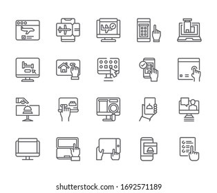 Set von Vektorillustration--Symbole. Enthält Symbole wie Online-Shop, Kauf, Käufer, Buchung, Online-Shopping und mehr.