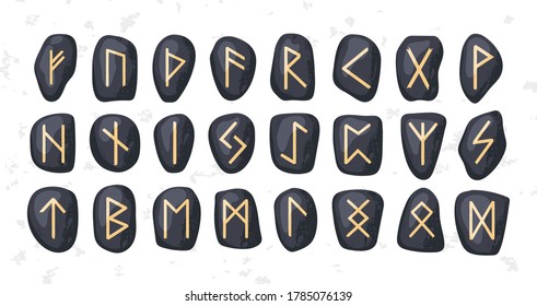 Set of ordered celtic or anglo saxon elder futhark runes alphabet carved on stones. Nordic or norse, germanic font, lettering, letter or script in viking odin style. Flat vector isolated illustration