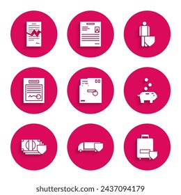 Set Ordered envelope, Delivery cargo truck with shield, Traveling baggage insurance, Piggy bank coin, Money, Filled form, Life and Torn contract icon. Vector