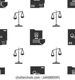 Set Ordered envelope, Document with shield and Scales of justice on seamless pattern. Vector