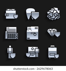 Set Bestellte Umschläge, Medizinische Zwischenablage mit klinischer Aufzeichnung, Reisende Gepäckversicherung, Diamant Schild, Leben, Faxgerät, zerknitterte Papierkugel und Geldbörse und Geld-Symbol. Vektorgrafik