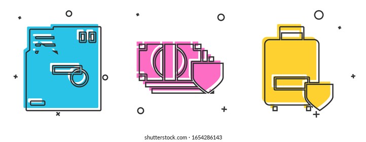 Set Ordered envelope, Money with shield and Traveling baggage insurance icon. Vector