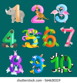 Set of ordinal numbers for teaching children counting with the ability to calculate amount animals abc alphabet kindergarten books or elementary school posters collection vector illustration