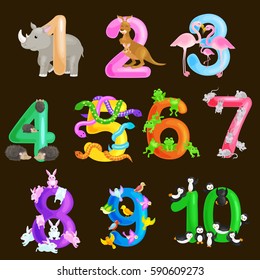 Set of ordinal numbers for teaching children counting with the ability to calculate amount animals abc alphabet kindergarten books or elementary school posters collection vector illustration