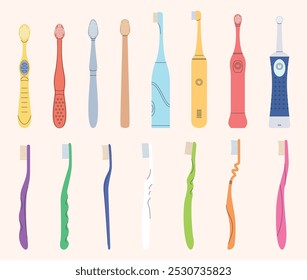 Un juego de cepillos de dientes ordinarios y eléctricos de colores. Cepillos de diferentes Formas para cepillarse los dientes. Higiene oral. Ilustración vectorial