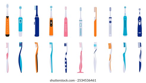 A set of ordinary and electric colored toothbrushes.