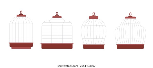 Set of ordinary simple cages. House for domestic birds. Wooden base, metal rods. Collection of decorative objects. For transportation of birds. Cartoon style. Vector illustration on white background.