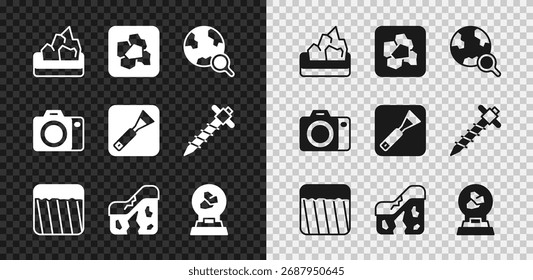 Set Ore mining, Gold nugget, Magnifying glass with globe, Ground, Geological fault, Exhibition minerals, rocks, Photo camera and Paint brush icon. Vector