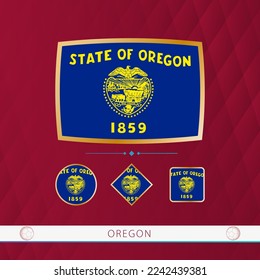 Set of Oregon flags with gold frame for use at sporting events on a burgundy abstract background. Vector collection of flags.