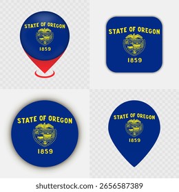 Set of Oregon State Flag Icons and Map Pins.