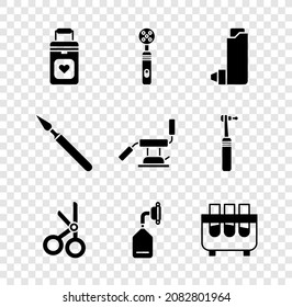 Set Organ container, Electric toothbrush, Inhaler, Medical scissors, oxygen mask, Test tube and flask, surgery scalpel and dental chair icon. Vector