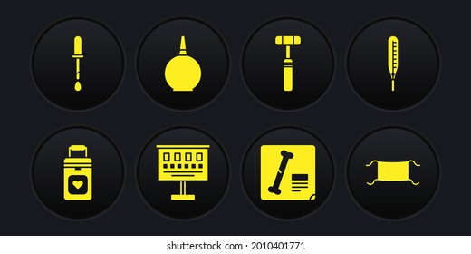 Set Organ container, Medical thermometer, Eye test chart, X-ray shots, Neurology reflex hammer, Enema, protective mask and Pipette icon. Vector