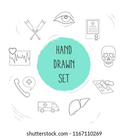 Set of organ icons line style symbols with crutches, cardiogram, liver and other icons for your web mobile app logo design.