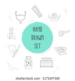 Set of organ icons line style symbols with patient with bandage, oncology, dental mirror icons for your web mobile app logo design.
