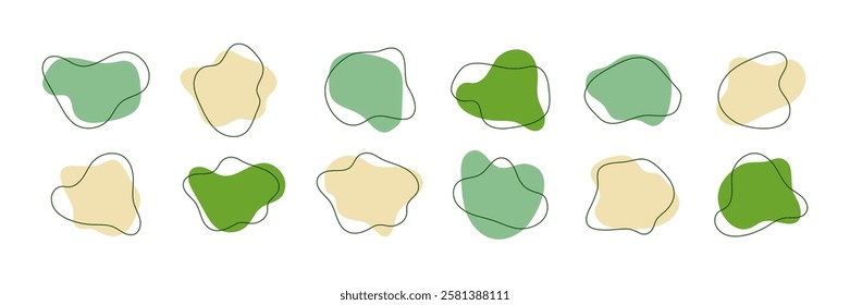 Set of organic amoeba blob. Irregular round shapes collection. Green and yellow doodle forms