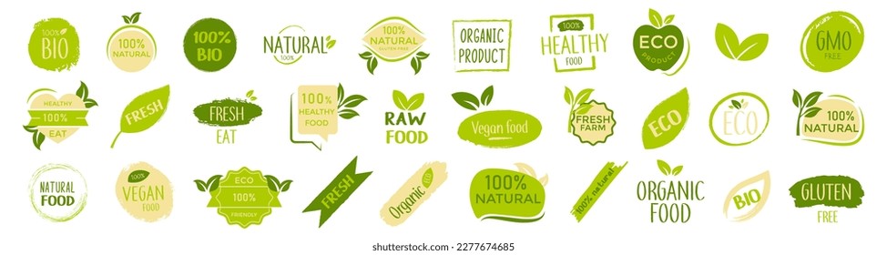 Set of organic, bio, healthy, vegan, natural green sticker