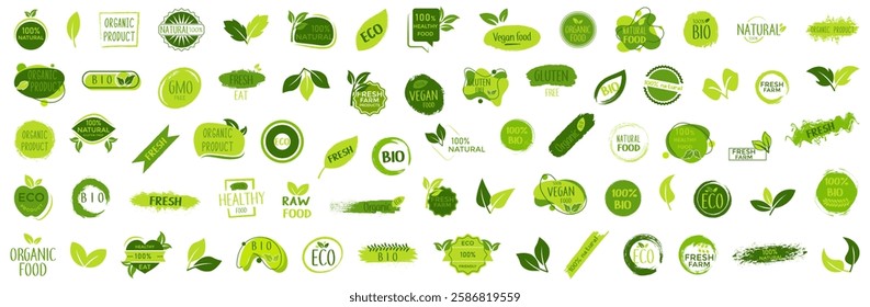 Set of organic, bio, healthy, vegan, natural green sticker