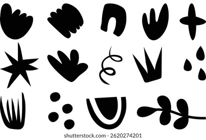 Set of organic black and white hand drawn basic shapes. Black doodles of abstarct shapes, design elements. Vector illustration.