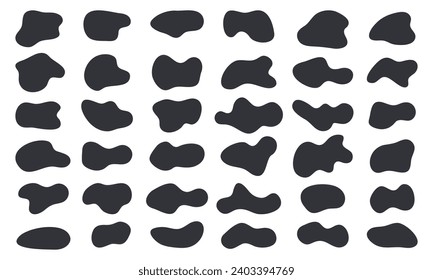 Set of organic blob or irregular abstract shapes. Liquid amoeba forms, black blotches isolated on white background. Doodle asymmetric splotches collection