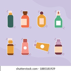set of organic cosmetic icons on a purple background vector illustration design