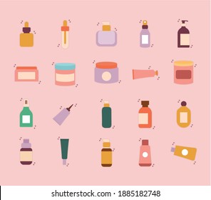 set of organic cosmetic icons on a pink background vector illustration design