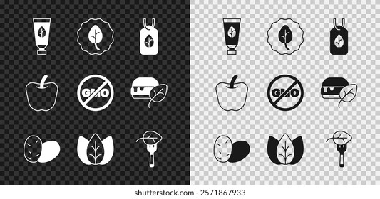 Set Organic cosmetic, Leaf or leaves, Vegan food diet, Potato, Apple and No GMO icon. Vector